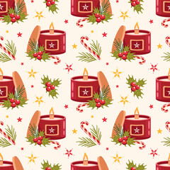seamless pattern candle in a glass jar with a wooden wick, filled with festive Christmas scents. holly. for creating a cozy atmosphere, holiday season. perfect for textiles, wallpaper, backgrounds.