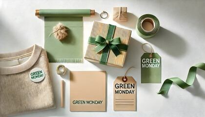 Green Monday eco-friendly packaging, gift boxe, sale tag, flat lay, top view.