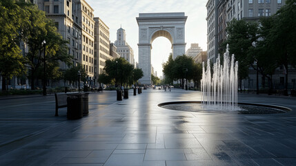 Obraz premium The Washington Square Arch and Fountain Bathed in Soft Evening Light