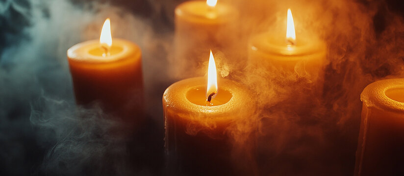 Close-up of lit candles, smoke billowing from the wicks, dark room