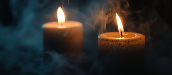Close-up of lit candles, smoke billowing from the wicks, dark room