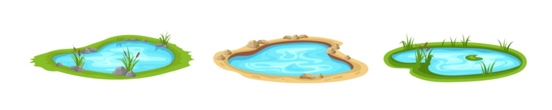 Blue pond and lake template. Colorful blue water oasis surrounded by grass and stones with cartoon landscape vector design