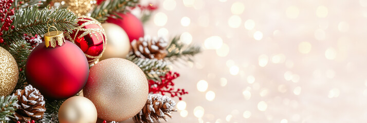 Christmas tree branches with golden balls and lights against a blurry background with golden bokeh