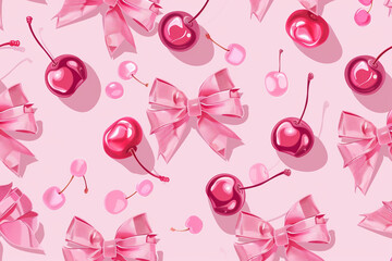 A vibrant pattern showcases various cherries adorned with hearts alongside elegant pink bows against a soft pastel backdrop, creating a playful yet stylish aesthetic