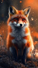 Obraz premium A fox is standing in a field of grass with leaves falling around it. The fox is looking at the camera with a curious expression