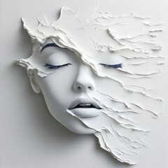 A close-up artistic depiction of a serene face with abstract, textured layers peeling away, evoking themes of beauty and transformation, Ideal for projects related to art, self-discovery, or emotion,