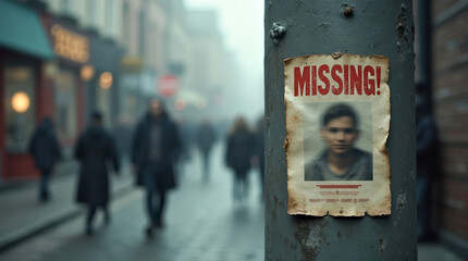 Missing Person Weathered Poster on Pole on Street, Searching Lost Person with Walking Pedestrians in Blurred Background