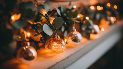 A garland of eucalyptus leaves and Christmas lights with ornaments on a mantelpiece.