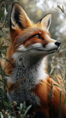 Obraz premium A fox is standing in a field of tall grass. The fox is looking directly at the camera with a smile on its face. The image has a warm and inviting mood