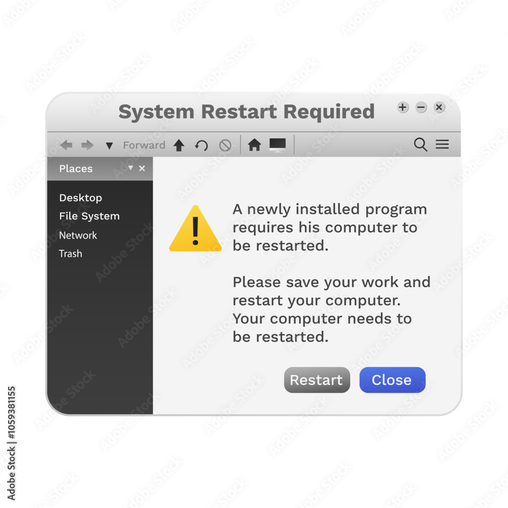 Poster System pop-up window with restart warning message. Notification to reboot program.