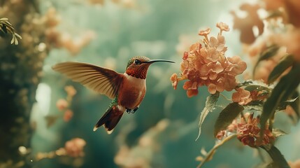 Fototapeta premium A colorful hummingbird hovers mid-air, drinking nectar from a vibrant orange flower, representing nature's beauty and delicate balance.