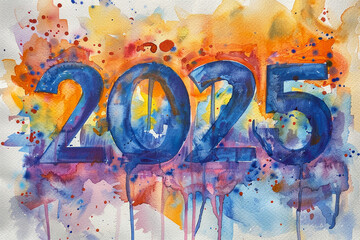 Obraz premium A large, bold depiction of the year 2025 stands out against a vibrant, abstract watercolor backdrop featuring splashes of color and texture