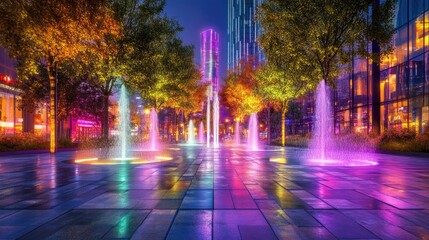 Obraz premium Colorful Night Fountains in Urban Landscape