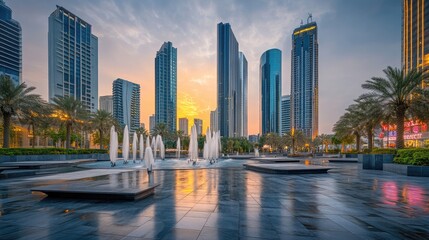 Naklejka premium Modern Urban Landscape at Sunset with Fountains