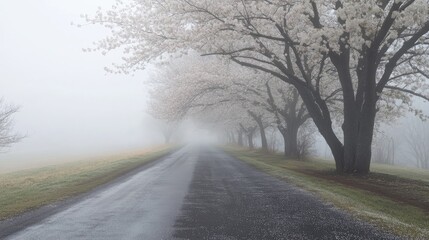 Fototapeta premium Misty Road Surrounded by Blossom Trees
