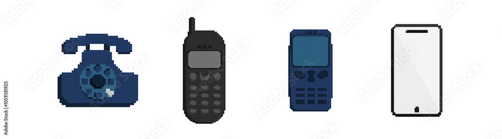 Poster pixel retro and modern phones set. evolution of communication devices from disk with handset to push