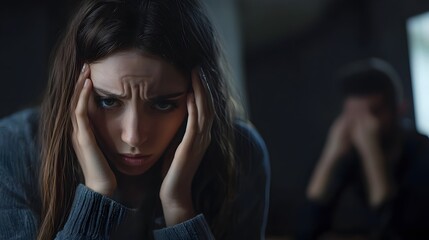 Upset woman sits and head in hands and male silhouette in back. Mental health struggles and emotional pain