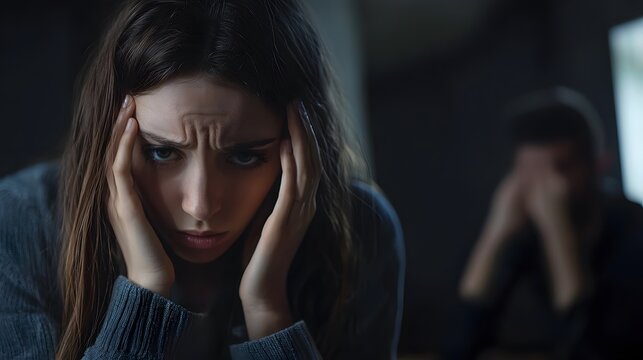 Upset woman sits and head in hands and male silhouette in back. Mental health struggles and emotional pain