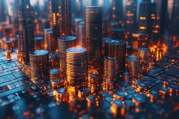 A vibrant digital cityscape with glowing coins representing cryptocurrency stacks at dusk