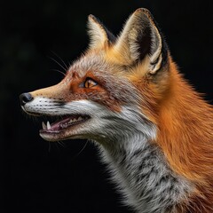 Fototapeta premium A fox is shown with its mouth open, showing its teeth. The image has a dark background, which adds to the mysterious and wild atmosphere of the scene