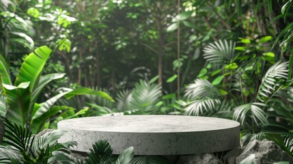 Tropical forest setting with stone and concrete podium, empty showcase in nature scene for product display with green leaves background.