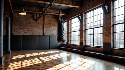 empty boxing gym interior with a black punching bag, large windows and a wooden floor