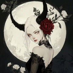 A beautiful female red demon with horns and pale skin