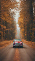 A vintage car driving on dirt road in countryside with colorful Autumn woods vertical