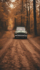 Fototapeta premium A vintage car driving on dirt road in countryside with colorful Autumn woods vertical