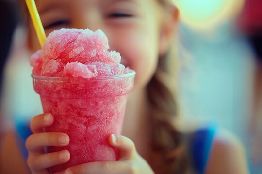 Girl's Close-Up Holding Red Slushy with Straw, Summer Treat, Ice, Refreshment, Slush, ,shaved ice