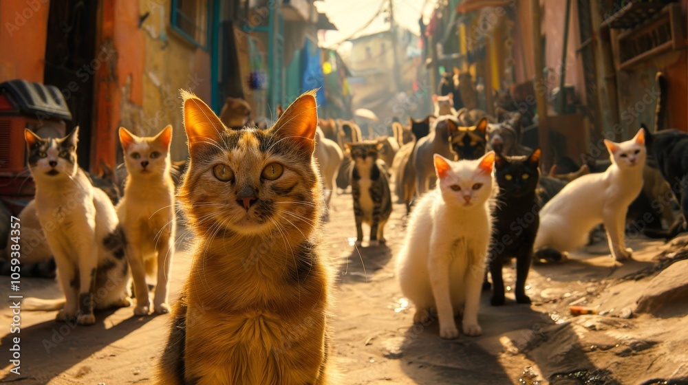 Fototapete A diverse group of cats gather together in a sunny alley, where sunlight filters through, casting dramatic shadows and creating an intriguing scene of feline curiosity.