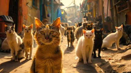 A diverse group of cats gather together in a sunny alley, where sunlight filters through, casting dramatic shadows and creating an intriguing scene of feline curiosity.