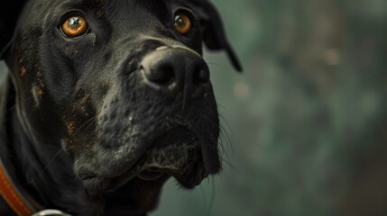 Obraz premium A black dog with striking amber eyes gazes attentively into the distance, wearing a brown leather collar against a soft green blurred background.