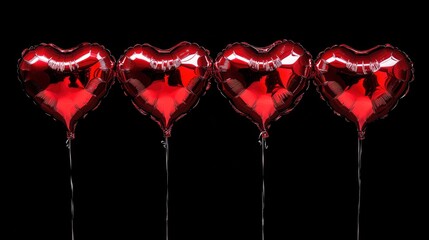Set of Air Balloons. Bunch of red color heart shaped foil balloons isolated on black background. Love. Holiday celebration. Valentine's Day party decoration. with generative ai