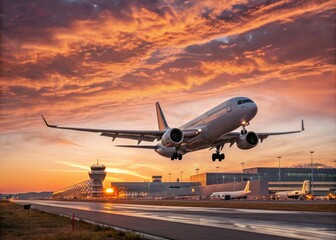 Obraz premium Modern Passenger Airplane Taking Off at Dawn from Busy Airport - Aviation Photography