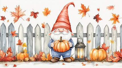  Cozy Autumn Gnome with Pumpkins & Lantern: Watercolor Clipart for Fall Decor & Thanksgiving