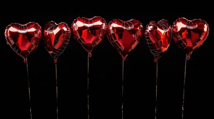 Set of Air Balloons. Bunch of red color heart shaped foil balloons isolated on black background. Love. Holiday celebration. Valentine's Day party decoration. with generative ai