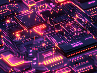 Obraz premium Futuristic circuit board glowing with neon pink and purple light, showcasing intricate electronic components and pathways.