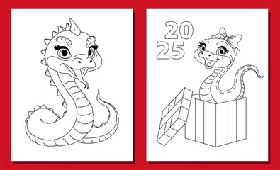 Cute snake characters with big eyes and a bow, emerging from a gift box, with 