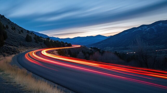 A winding mountain road at dusk with streaks of red taillights from cars driving by.