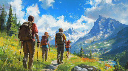 Obraz premium Friends Hiking on a Scenic Trail, Recreation Day, illustration,