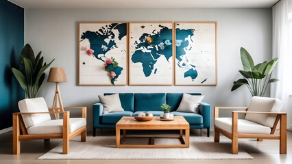 Cubic wooden coffee table between white sofa and armchairs. Scandinavian style home interior design of modern living room.	
Ocean colour walls. World map on the wall. bamboo furnitures. 