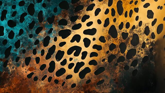 A close-up view of a leopard print pattern with an abstract, textured background in brown, orange, and teal hues