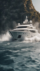Fast moving luxury yacht in sea water with water splash vertical