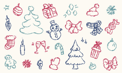 Hand drawn doodle elements - Xmas trees, snowmen, bows, stockings, presents, candy cane, ornaments, snowflakes, candles and festive decorations for Christmas, New Year isolated on white background 