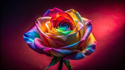Multicolored Rose Portrait with Colored Light on Red Background for Postcards and Posters