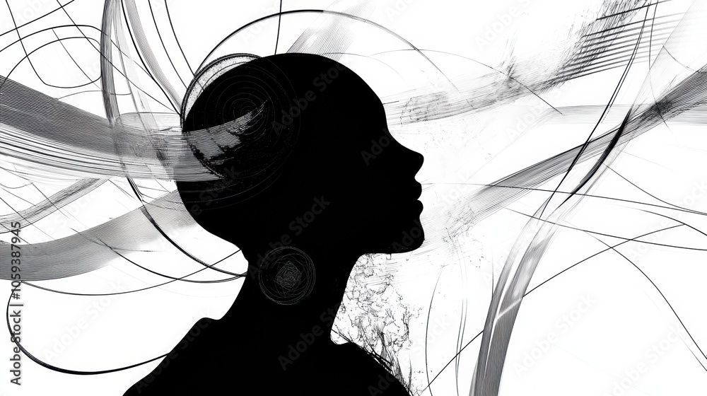 Aufkleber an abstract silhouette captures a person's profile surrounded by swirling lines, symbolizing imagina