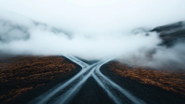 Misty landscape with two intersecting dirt paths in a foggy valley surrounded by hills and dry grass, creating a mysterious and serene atmosphere.