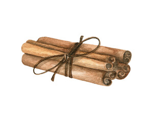 Watercolor illustration of bunch of cinnamon sticks. Hand drawn brown aromatic spice for cooking isolated on white background for design of postcard, print, decoration, recipe, menu.