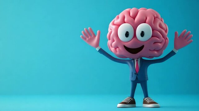 A playful and friendly brain character wearing a suit greets viewers with arms raised, set against a vibrant blue background